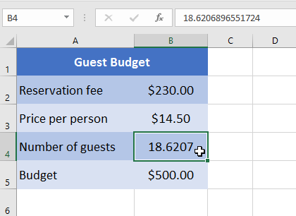 the value in cell B4 (18) determined by Goal Seek