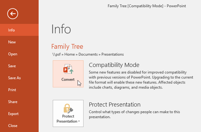 Converting the presentation to the newest file type