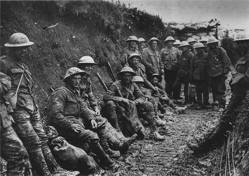 A ration party of the Royal Irish Rifles in a communication trench during the Battle of the Somme, July 1916