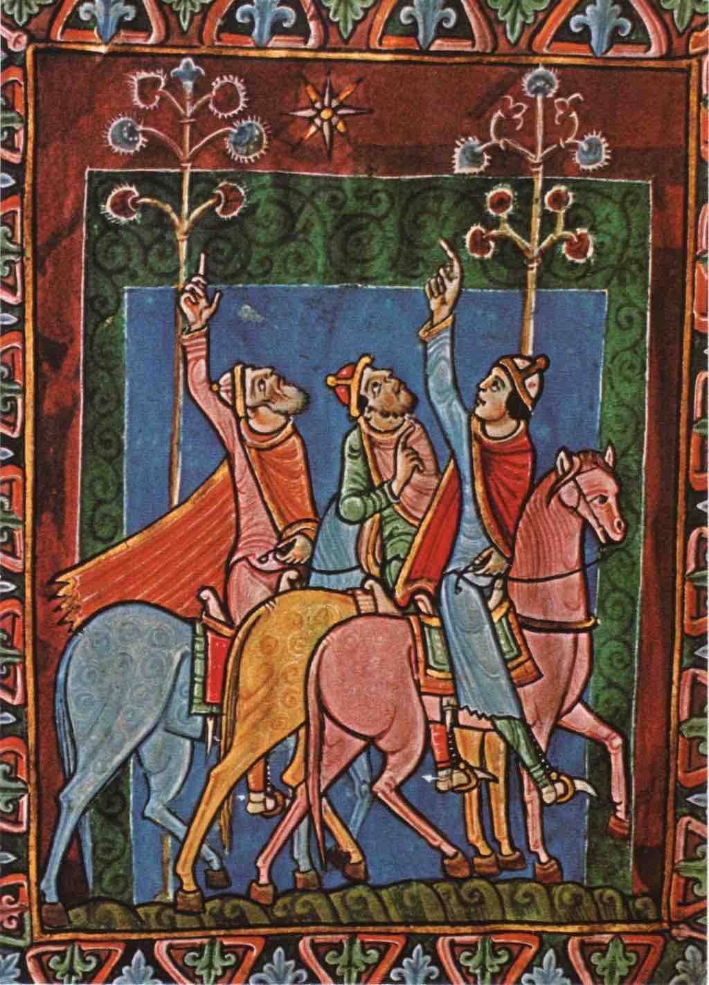 Illuminated Manuscript, The Three Magi from the St. Albans Psalter, Norman English, 12th century.