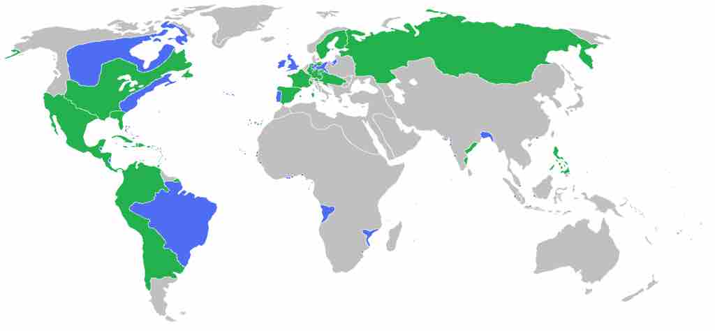 
All the participants of the Seven Years' War: [blue] Great Britain, Prussia, Portugal, with allies; [green] France, Spain, Austria, Russia, Sweden with allies. 