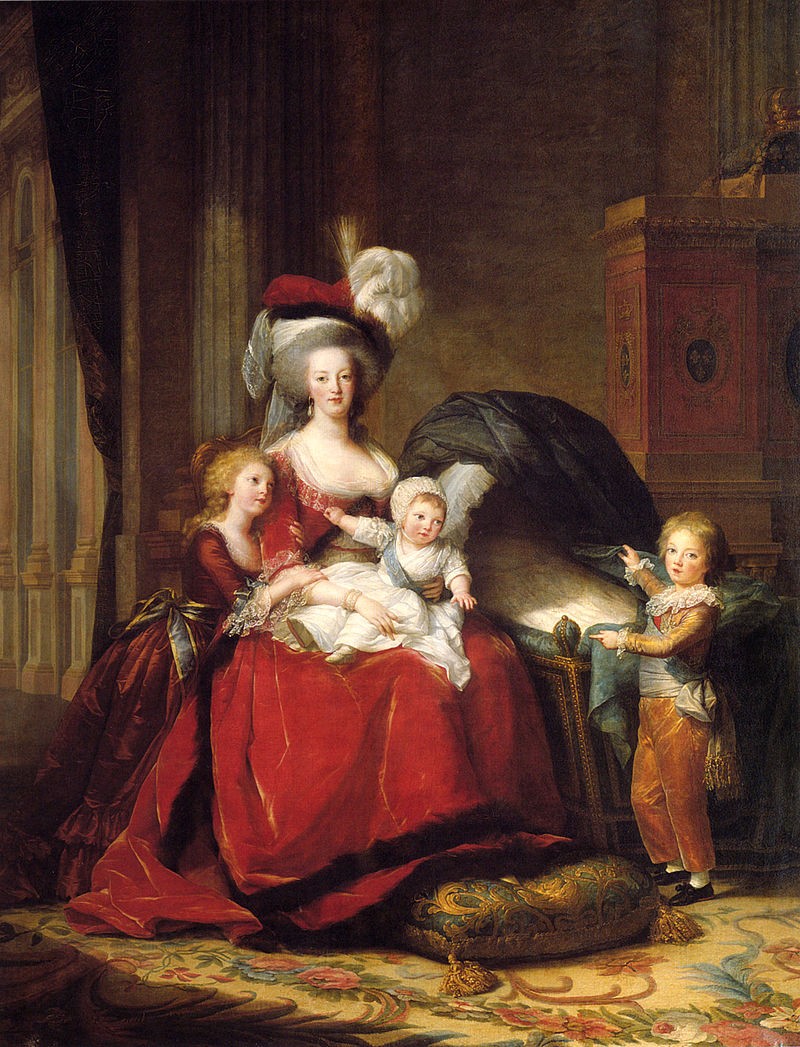 
The portrait 
of Marie Antoinette and her three surviving children: Marie Thérèse, Louis Charles (on her lap), and Louis Joseph holding up the drape of an empty bassinet signifying the recent death of Marie's fourth child, Louise Élisabeth

Vigée-Lebrun (1787). 

