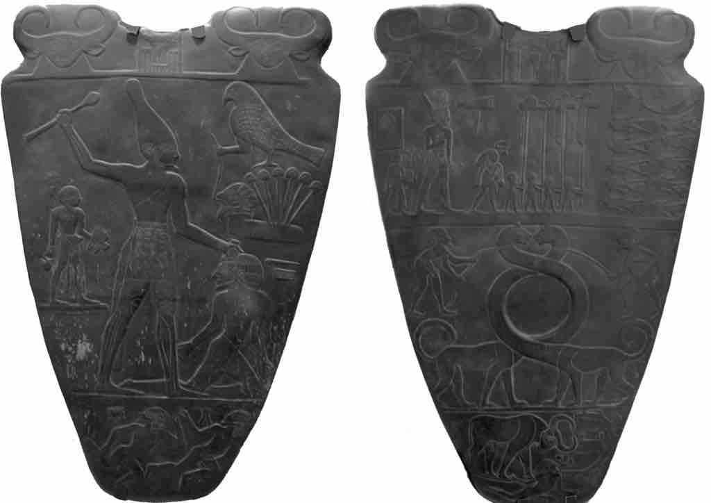 Reverse and obverse sides of Narmer Palette, this facsimile on display at the Royal Ontario Museum in Toronto, Canada
