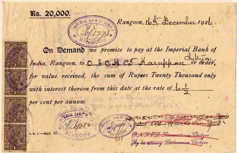 A 1926 promissory note from the Bank of India.