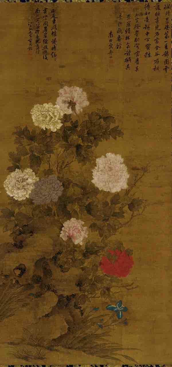 Yun Shouping, Peonies, Hanging scroll; ink and color on silk (17th-18th century)