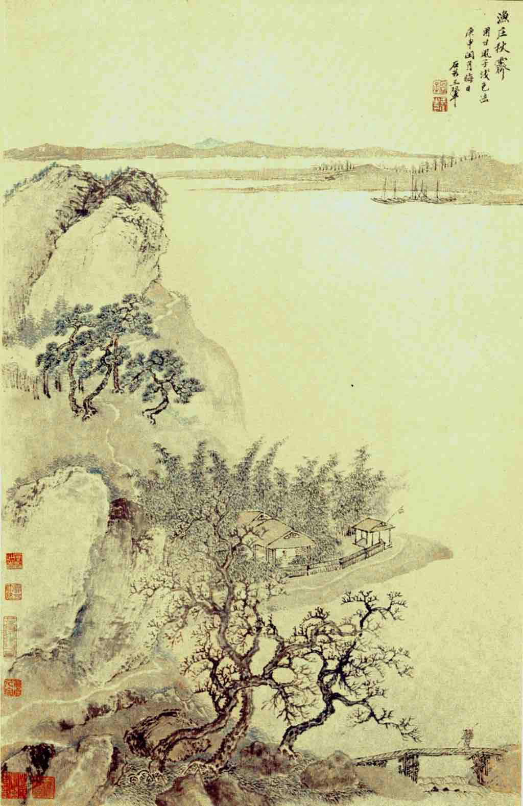 Wang Hui, Clearing Autum Sky over a Fishing Vilage, hanging scroll, ink and light colors on paper (1680)