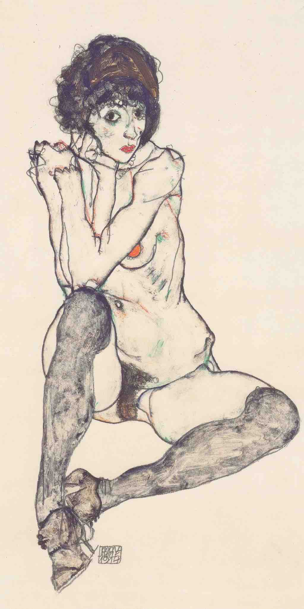 Sitzender weiblicher Akt mit aufgestützen Ellbogen, by Egon Schiele