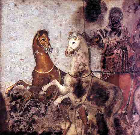 <em>Man on a Chariot.</em> Wall painting. c. 4th c. BCE. Vergina, Greece.