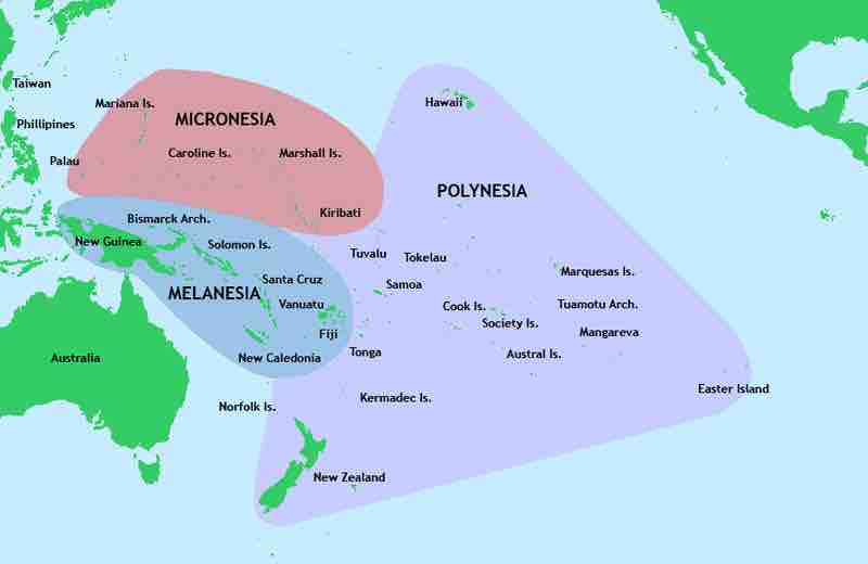 Major culture areas of Oceania: Micronesia, Melanesia, Polynesia, and Australia