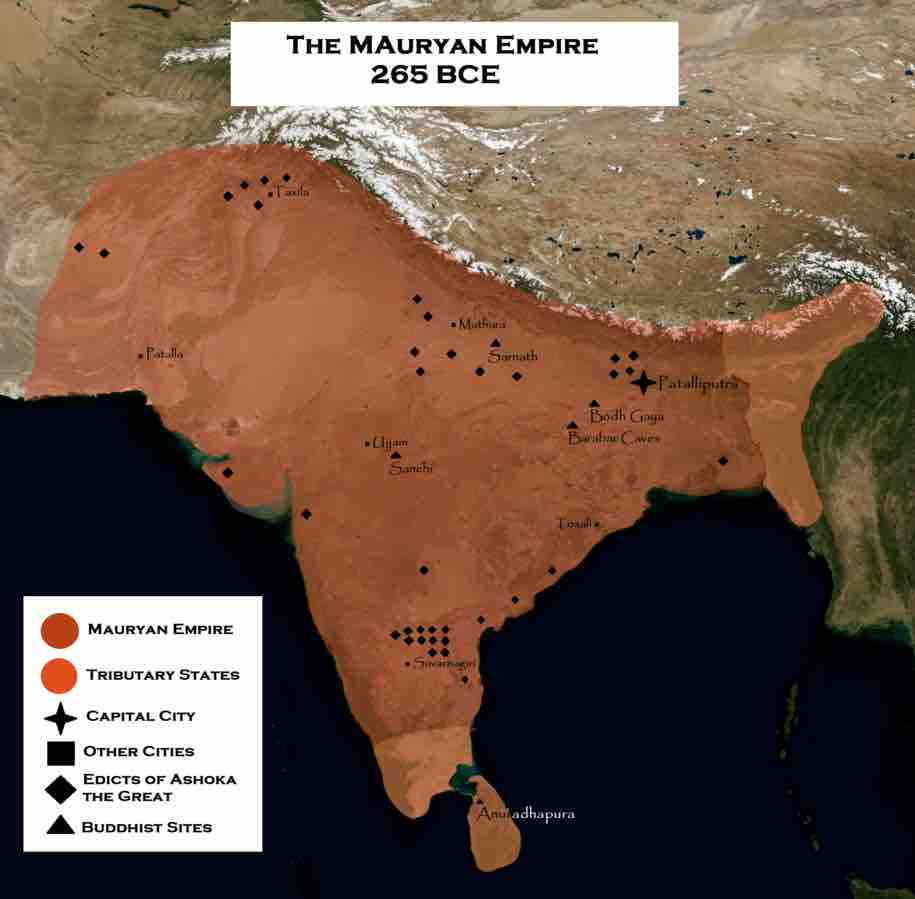 Maurya Empire at its greatest extent (dark orange), including vassal kingdoms (light orange), 265 BCE