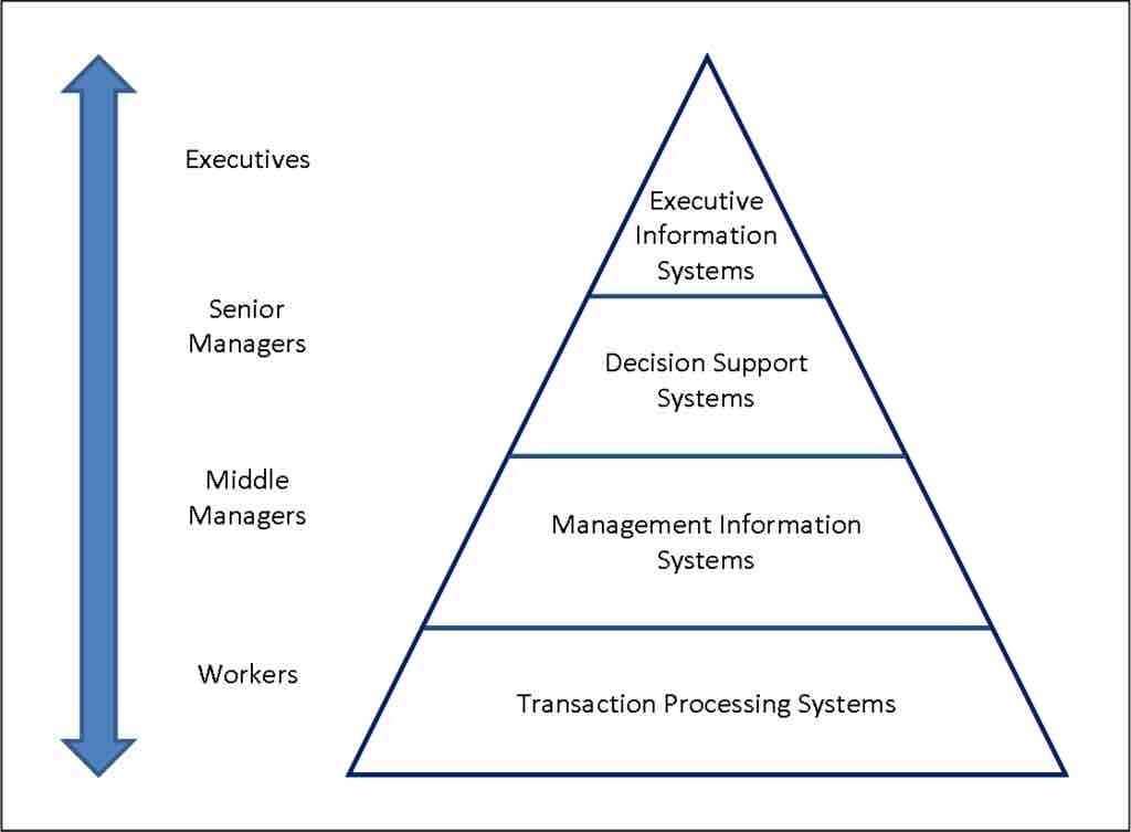 Four-tier pyramid: Workers, middle managers, senior managers, and executives
