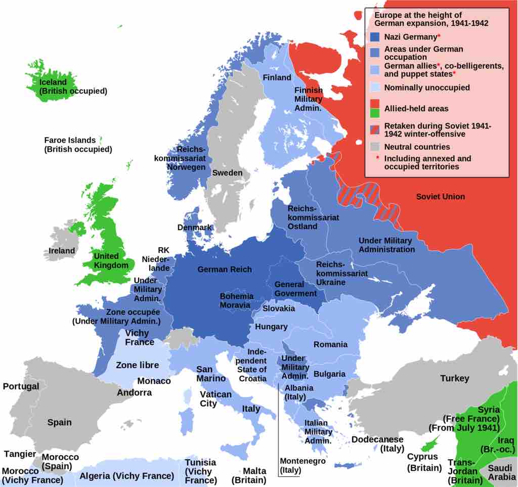 Map of Europe at the height of German control in 1942


