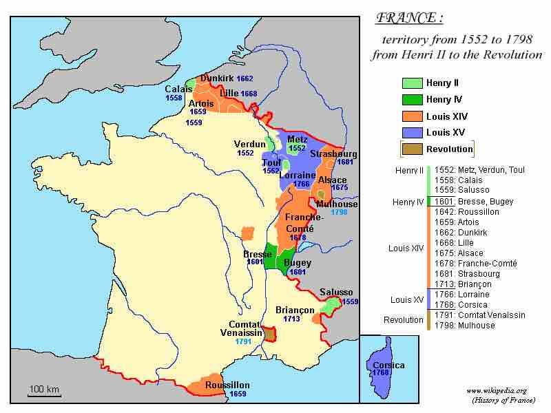 
Territorial expansion of France under Louis XIV (1643–1715) is depicted in orange. Source:  Wikipedia.