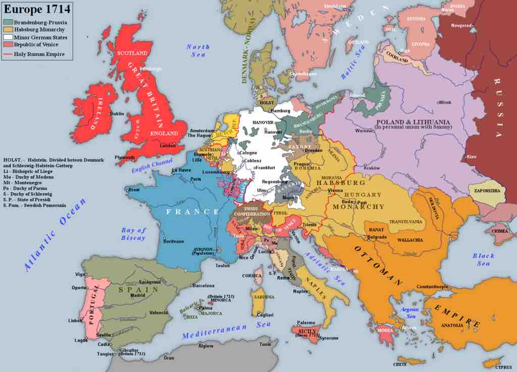 Europe after the War of the Spanish Succession (1714), source: Wikipedia.