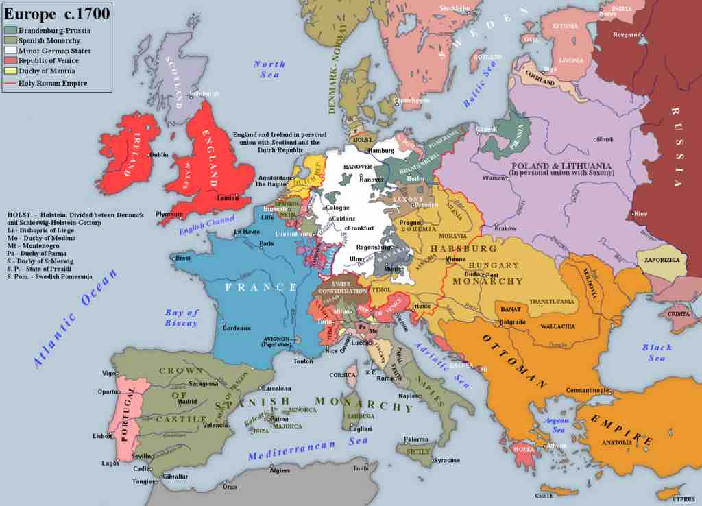 Europe before the outbreak of the War of the Spanish Succession, (c. 1700), source: Wikipedia. 