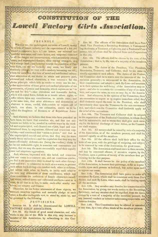 Constitution of the Factory Girls Association in Lowell, Massachusetts, 1836