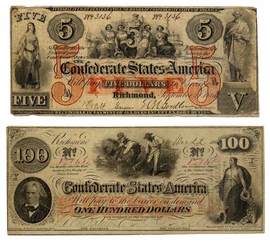Five-dollar and 100-dollar Confederate States of America banknotes