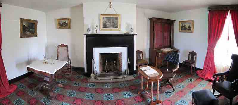 A panoramic image of the parlor of the reconstructed McLean House in Appomattox Court House National Historical Park as seen in August 2011