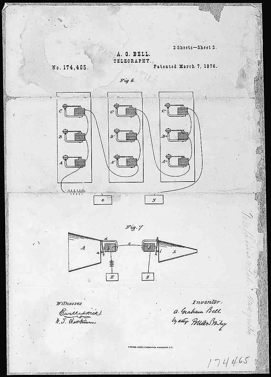 Patent drawing for Alexander Graham Bell's telephone, March 7, 1876