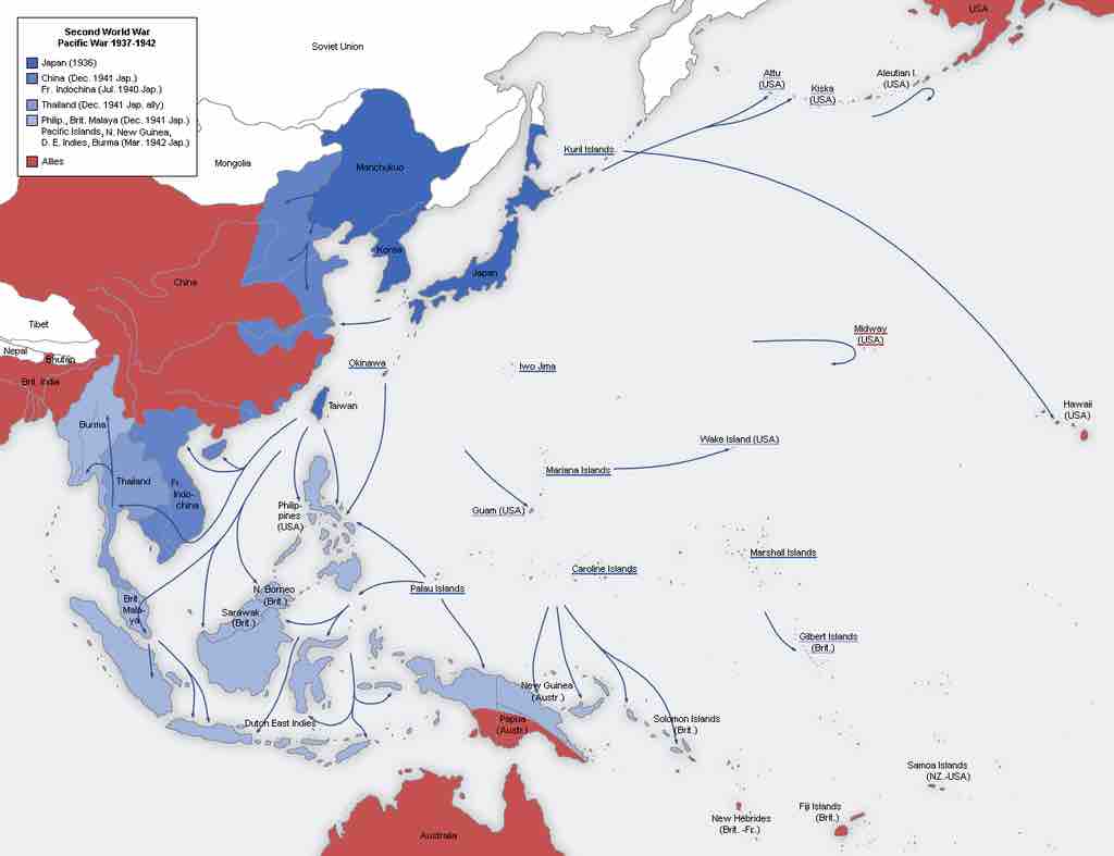 A map of the Japanese advance from 1937 to 1942.