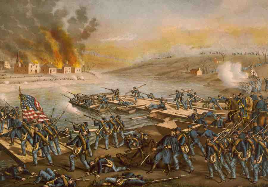 Battle of Fredericksburg: The Army of the Potomac crossing the Rappahannock in the morning of December 13, 1862, under the command of Generals Burnside, Sumner, Hooker, and Franklin