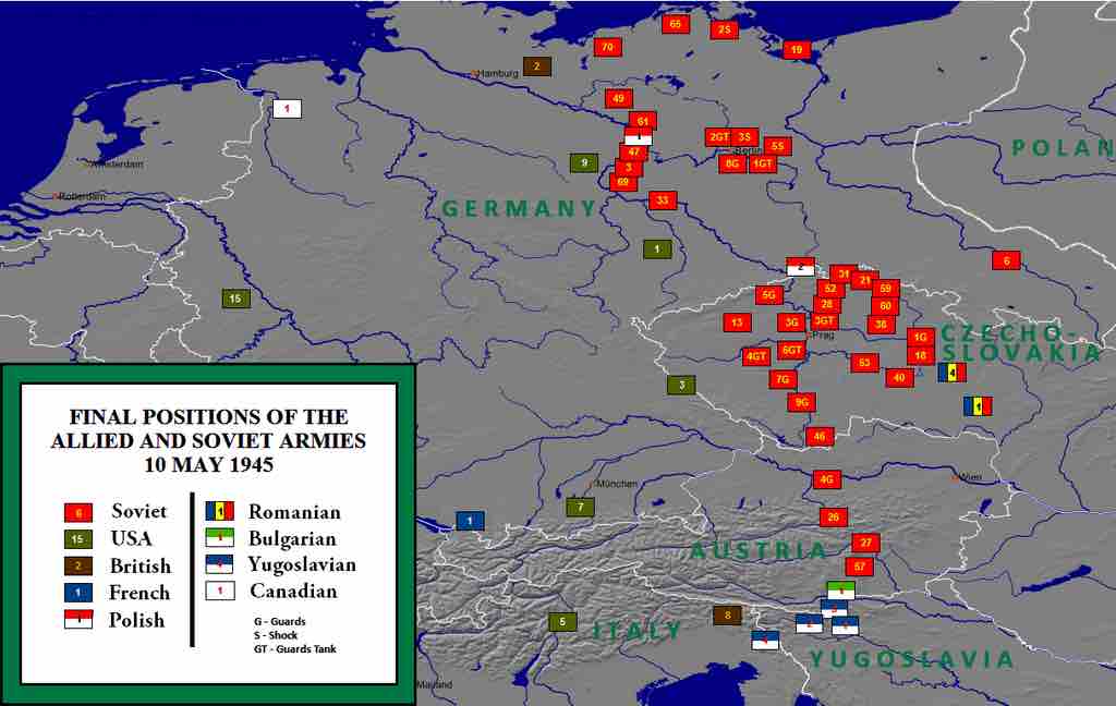 Final positions of Allied armies in Europe