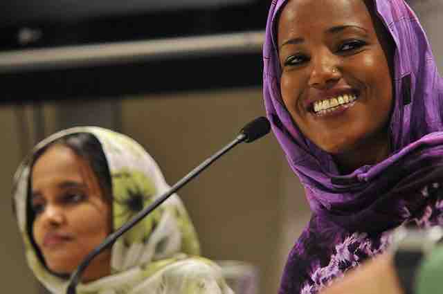 Aziza Brahim & Memona Mohamed during a press conference presentation of the movie "Wilaya", at the 10th Human Rights film festival in San Sebastian, Spain.