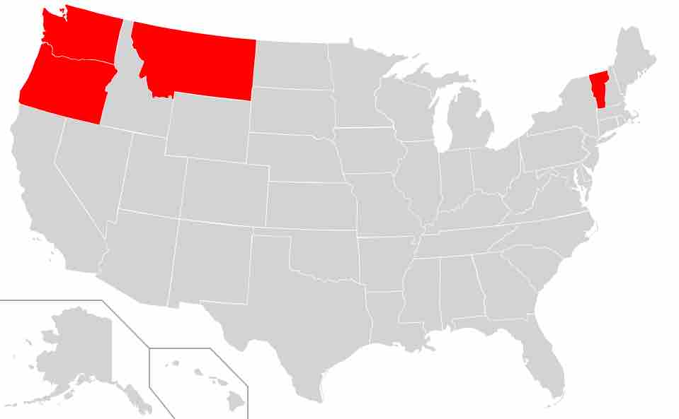 Map of USA highlighting euthanasia states