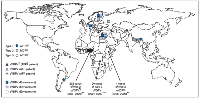 The figure shows vaccine-derived polioviruses (VDPVs) detected worldwide, January 2008-June 2009. Retrospective and ongoing characterization of Sabin 2-related isolates by rRT-PCR found 20 acute flaccid paralysis cases associated with cVDPV2 (1.1%-2.0% divergent) during 2005-2009.