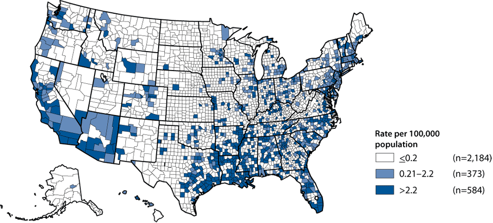 Primary and secondary syphilis—Rates by county: United States, 2008