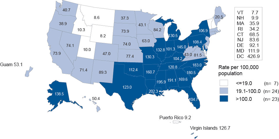 Figure 19. Gonorrhea—Rates by State, United States and Outlying Areas, 2011