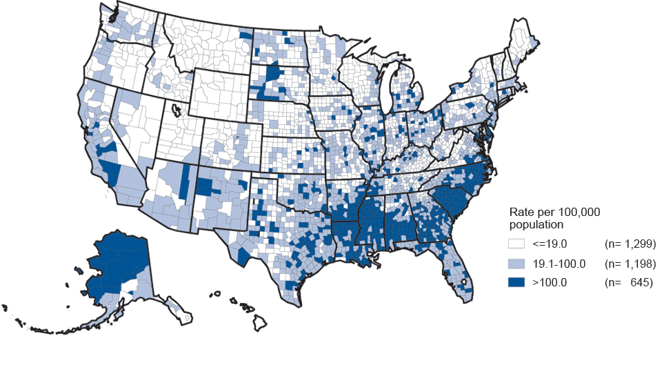 Figure 20. Gonorrhea—Rates by County, United States, 2011