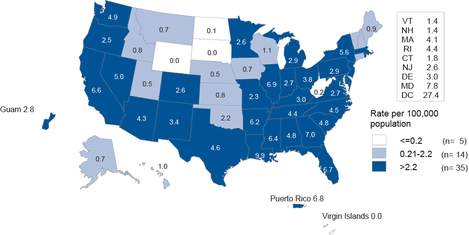 Figure 40. Primary and Secondary Syphilis—Rates by State, United States and Outlying Areas, 2011