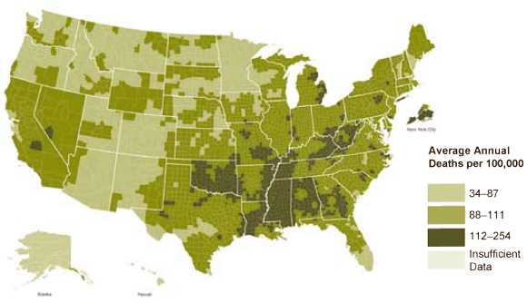 High blood pressure and high blood cholesterol increase the risk for heart disease and stroke.  This map shows heart disease death rates for US adults age 35 and over from 2002-2007 by county. Counties with the highest heart disease death rates are located primarily in the Southern United States.  