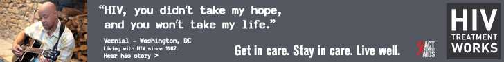 CDC campaign banner of Vernial, a person living with HIV since 1987: HIV, you didnât take my hope, and you wonât take my life, says Vernial of Washington, DC. HIV Treatment Works. Get in Care. Stay in Care. Live Well. Hear his story at  cdc.gov/HIVTreatmentWorks. A photo shows Vernial playing a guitar.