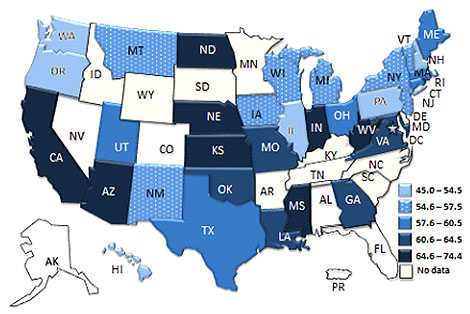 USA map showing Asthma Severity among Children with Current Asthma