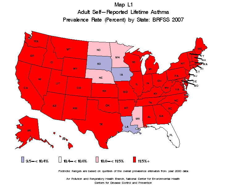 Map L1 (color) - Adult Self-Reported Lifetime Asthma Prevalance Rate (Percent) by State: BRFSS 2007