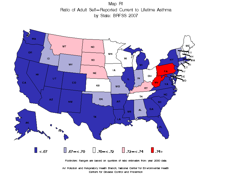 Map R1 (color) - Ratio of Adult Self-Reported Current to Lifetime Asthma by State: BRFSS 2007