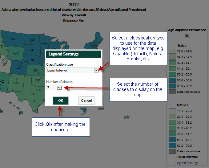 Screenshot of the BRFSS Prevalence and Trends Data Explore by Topic map view with Legend Settings options. Select a classification type to use for the data displayed on the map, e.g., Quantile (default), Natural Breaks, etc. Select the number of classes to display on the map.