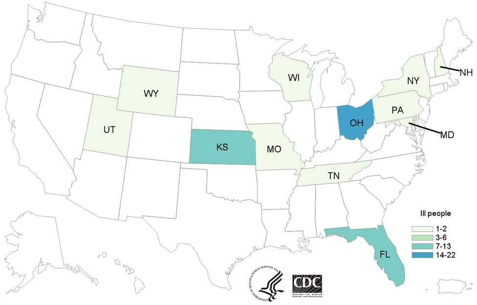 People with confirmed or probable Campylobacter infection linked to puppies, by state of residence, as of October 3, 2017