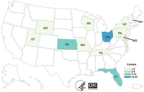 People with confirmed or probable Campylobacter infection linked to puppies, by state of residence, as of September 8, 2017 (n=39)