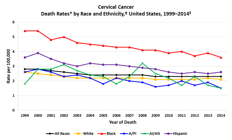 Line chart showing the changes in cervical cancer death rates for women of various races and ethnicities.