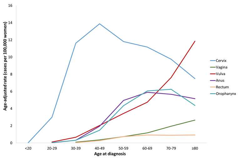 Line chart showing the median age at diagnosis for HPV-associated cancers among women.