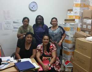 Front row, left to right: Ms. Margaret Lefagochog, Yap Hospital; Ms. Martina Reichardt, NCD Program Yap. Back row, left to right: Dr. Aileen Tareg, NCD Program Yap; Dr. Virginia Senkomago, ORISE/CDC; Ms. Barbara Yarofalmathau, Fais Clinic, Yap.