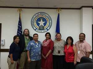 Left to right: TaAnn Kabua, CNMI MCH Program; Dr. Phil Castle, Global Coalition against Cervical Cancer (GC3); Ralph Torres, CNMI Governor; Dr. Mona Saraiya, CDC; Ms. Joyce Songsong, CNMI NBCCEDP, Department of Health; Mrs. Margarita Aldan, CNMI Division of Public Health Services; Tony Yarobwemal, CNMI Division of Public Health Services.