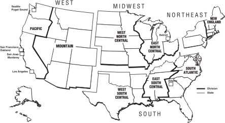 Map of the United States showing U.S. Census regions and divisions