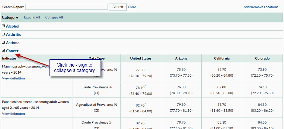 	Screenshot of comparison results - Click the minus sign to collapse a category. 