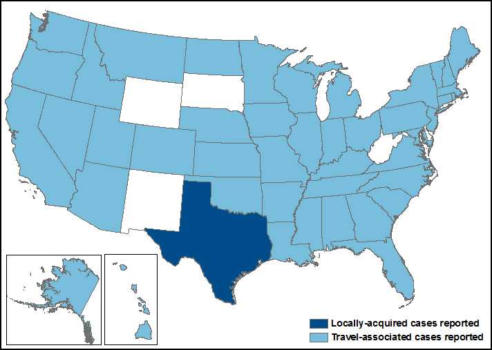 Map of the United States showing states reporting travel-associated chikungunya virus disease cases, including, Alabama, Alaska, Arizona, Arkansas, California, Colorado, Connecticut, Florida, Georgia, Hawaii, Idaho, Illinois, Indiana, Iowa, Kansas, Kentucky, Maine, Maryland, Massachusetts, Michigan, Minnesota, Mississippi, Missouri, Montana, Nebraska, Nevada, New Hampshire, New Jersey, New York, North Carolina, North Dakota, Ohio, Oklahoma, Oregon, Pennsylvania, Rhode Island, South Carolina, Tennessee, Texas, Utah, Vermont, Virginia, Washington, and Wisconsin.