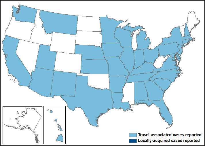 Map of the United States showing states reporting travel-associated chikungunya virus disease cases, including, Alabama, Arizona, Arkansas, California, Connecticut, Delaware, Florida, Georgia, Hawaii, Illinois, Iowa, Kentucky, Louisiana, Maryland, Michigan, Minnesota, Missouri, Montana, Nebraska, New Hampshire, New Jersey, New Mexico, New York, North Carolina, Ohio, Pennsylvania, Rhode Island, South Carolina, Tennessee, Texas, Virginia, Washington, and Wisconsin.