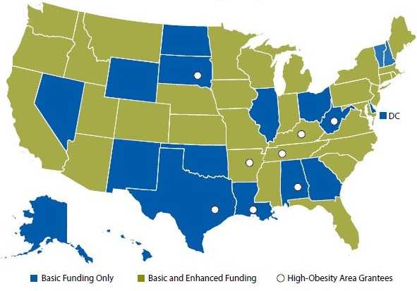 US map shows CDC funding for nutrition, physical activity, and obesity programs in states in 2015. For details, see the complete data points at link provided below.